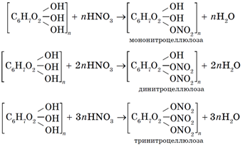 Реакция целлюлозы и азотной кислоты протекает при участии концентрированной серной кислоты. В результате формируются сложные эфиры.