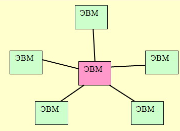Звёздная – компьютеры объединяются посредством сервера – центральной, главной рабочей станции – мощного ПК. Взаимодействуют элементы структуры исключительно через сервер, который управляет функционированием LAN. Если он выйдет из строя, сеть «ляжет».