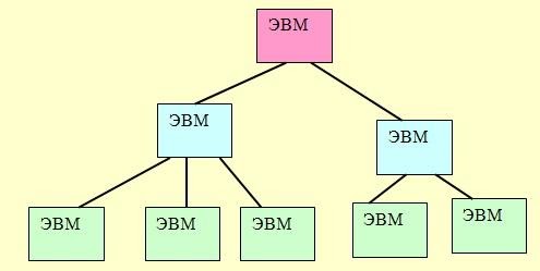 Иерархическая или древовидная – расширенная звёздная топология, где компьютеры подключаются к серверам низкого уровня, а те – к центральным ПК, расположенным выше по иерархии. При отказе сервера работать перестанет одна ветвь структуры.