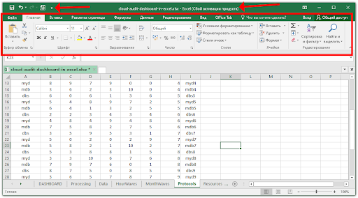 Ниже следует главное меню в виде ленты с вкладками (с Excel 2007) – через него вызывается большинство функций программы.