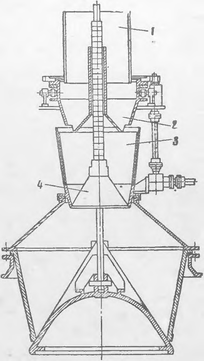 Засыпной аппарат системы Щиренко; - 1— приемная воронка; 2—вращающаяся промежуточная воронка; 3 — неподвижная воронка малого конуса; 4 - малый конус
