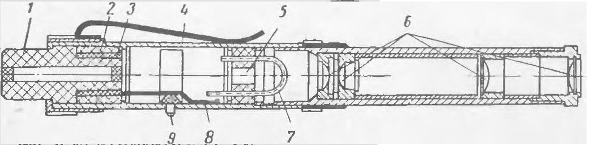 Dozimetru de buzunar: 1 - manșon chihlimbar al aparatului electrostatic; 2 - manșon chihlimbar; 3 - cilindru de plută; 4 - cutie; 5 - cameră de ionizare; 6 - lentilă; 7 - suport metalic; 8 - placă de contact; 9-buton