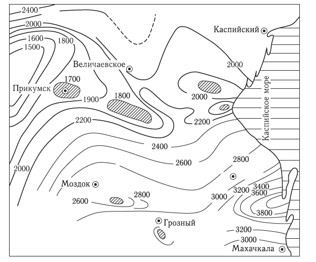 Схематическая карта глубин залегания геоизотермы 100 ◦C для Восточно-Предкавказского артезианского бассейна