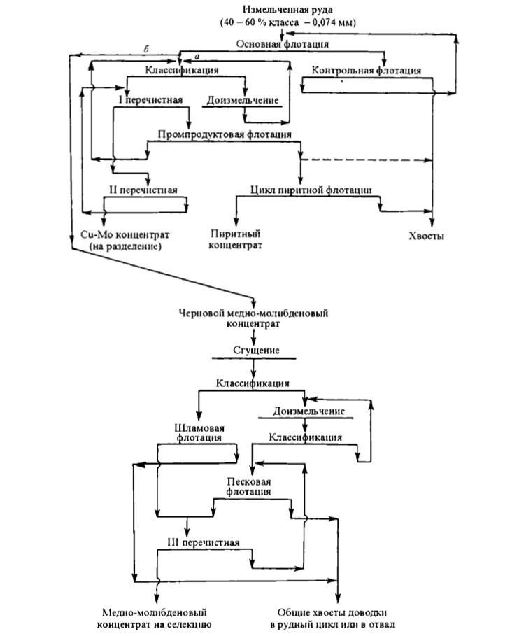 Схема получения и доводки черновых медно-молибденовых концентратов